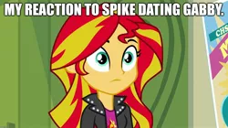 Size: 1904x1064 | Tagged: safe, derpibooru import, edit, edited screencap, screencap, sunset shimmer, dragon dropped, equestria girls, rainbow rocks, caption, emotionless, female, image macro, implied gabby, implied shipping, implied spabby, implied spike, implied straight, male, solo, text