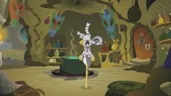 Size: 1280x720 | Tagged: balancing, cauldron, derpibooru import, ear piercing, earring, female, jewelry, mare, meditating, piercing, pole, safe, screencap, solo, swarm of the century, upside down, zebra, zecora, zecora's hut