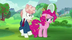 Size: 1280x720 | Tagged: safe, derpibooru import, screencap, pinkie pie, svengallop, earth pony, pony, the mane attraction, apple, apple tree, bossy, clothes, cute, cutie mark, duo, female, floppy ears, food, glasses, male, mare, miserable, oats, plate, snobby, stallion, suit, tree