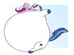 Size: 1333x1000 | Tagged: suggestive, artist:th0mas, derpibooru import, princess cadance, shining armor, alicorn, pony, unicorn, air inflation, belly, belly bed, big belly, duo, female, gradient background, huge belly, impossibly large belly, inflation, kiss inflation, lying on top of someone, male, puffkiss, shiningcadance, shipping, signature, spread wings, straight, wings