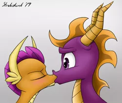 Size: 800x671 | Tagged: artist:strebiskunk, blushing, crossover, crossover shipping, derpibooru import, dragon, dragoness, duo, eyes closed, female, gray background, kissing, male, safe, shipping, simple background, smolder, spyrolder, spyro the dragon, straight