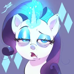Size: 1500x1500 | Tagged: artist:aetherionart, bags under eyes, bust, cutie mark, derpibooru import, ear fluff, faic, funny, majestic as fuck, messy mane, portrait, purple background, rarity, rarity's cutie mark, safe, simple background, solo, sophisticated as hell, tired