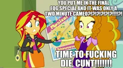 Size: 1904x1064 | Tagged: safe, derpibooru import, edit, edited screencap, screencap, adagio dazzle, sunset shimmer, equestria girls, rainbow rocks, angry, arm grab, caption, cunt, death threat, excessive exclamation marks, female, image macro, text, threat, vulgar