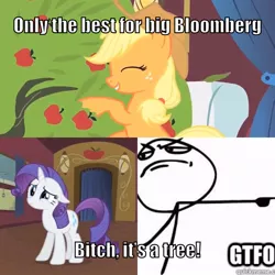 Size: 710x710 | Tagged: safe, derpibooru import, edit, edited screencap, screencap, applejack, bloomberg, rarity, earth pony, pony, unicorn, over a barrel, apple, are you fucking kidding me, bed, caption, exploitable meme, female, food, gtfo, image macro, mare, meme, memeception, petting, rage comic, smiling, text, train, tree, vulgar