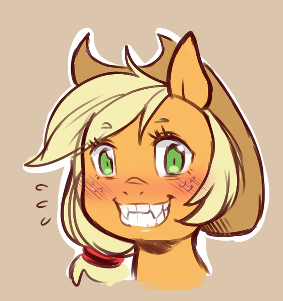 Size: 676x718 | Tagged: safe, artist:cold-blooded-twilight, derpibooru import, applejack, earth pony, pony, blushing, bust, cute, cute little fangs, fangs, female, freckles, grin, hat, mare, smiling, solo