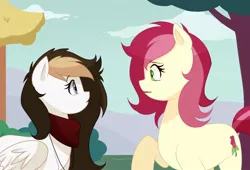 Size: 1024x698 | Tagged: safe, artist:hikariviny, derpibooru import, roseluck, oc, oc:sweet lullaby, earth pony, pegasus, pony, clothes, duo, female, jewelry, looking at each other, mare, necklace, one hoof raised, parent:doctor whooves, scarf