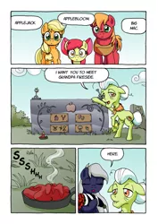 Size: 1201x1700 | Tagged: safe, artist:tarkron, derpibooru import, apple bloom, applejack, big macintosh, granny smith, oc, oc:tara, earth pony, pony, comic:ghosts of the past, apple family, apple siblings, apple sisters, bipedal, bouquet, brother and sister, candle, comic, dialogue, female, filly, flower, gravestone, graveyard, male, mare, sad, siblings, sisters, stallion