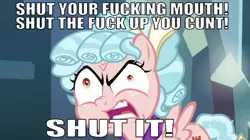 Size: 640x358 | Tagged: safe, derpibooru import, edit, edited screencap, editor:undeadponysoldier, screencap, cozy glow, pegasus, pony, school raze, angry, caption, charles bronson, cunt, female, filly, freckles, image macro, meme, open mouth, reference, shut the fuck up, solo, stfu, text, vulgar, yelling