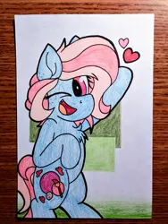 Size: 1920x2560 | Tagged: safe, artist:thebadbadger, derpibooru import, oc, oc:bubblegum, unofficial characters only, pony, cute, one eye closed, solo, traditional art, wink