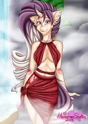 Size: 2500x3500 | Tagged: safe, artist:manestreamstudios, derpibooru import, oc, oc:sumac spirit, anthro, horse, unicorn, breasts, clothes, commission, detailed background, dress, female, floofy hair, fluffy, hips, horn, lean, mist, rock, smiling, solo, waterfall, ych result