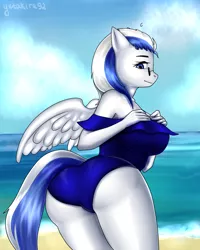 Size: 2000x2500 | Tagged: anthro, artist:yutakira92, ass, boobs and butt pose, breasts, butt, clothes, coast, commission, derpibooru import, female, mare, oc, pegasus, sky, solo, suggestive, swimsuit, unofficial characters only, water, wings, ych result