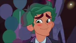 Size: 1280x720 | Tagged: safe, derpibooru import, screencap, timber spruce, equestria girls, legend of everfree, blushing, clothes, cute, handsome, male, smiling, solo, suit, timberbetes