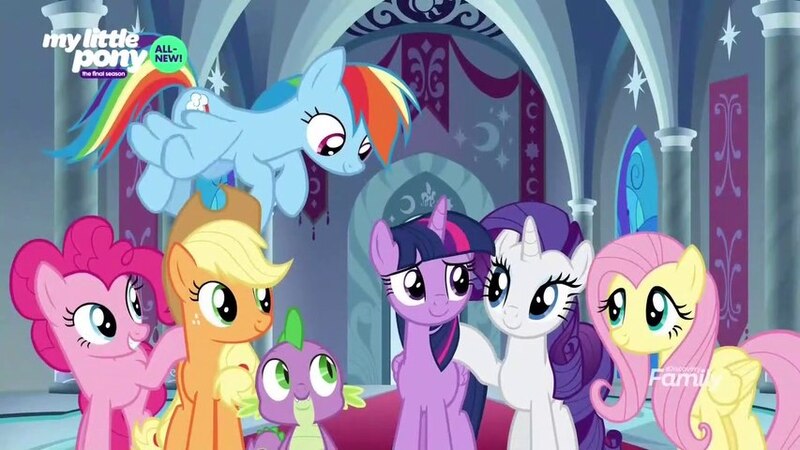 Size: 853x480 | Tagged: safe, derpibooru import, screencap, applejack, fluttershy, pinkie pie, rainbow dash, rarity, spike, twilight sparkle, twilight sparkle (alicorn), alicorn, dragon, earth pony, pegasus, pony, unicorn, the beginning of the end, all new, canterlot, castle, discovery family logo, female, male, mane seven, mane six, mare, text, winged spike