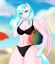 Size: 3400x3956 | Tagged: anthro, anthro oc, artist:yutakira92, ball, beach, belly button, bikini, breasts, clothes, commission, derpibooru import, female, oc, oc:foxyhollows, pegasus, safe, sky, solo, summer, swimsuit, unofficial characters only, wings, ych result