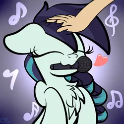 Size: 1536x1536 | Tagged: safe, artist:kimjoman, derpibooru import, coloratura, earth pony, human, pony, :3, chest fluff, cute, disembodied hand, eyes closed, female, gradient background, hand, heart, human on pony petting, microphone, mouth hold, music notes, petting, rarabetes, simple background, solo, weapons-grade cute