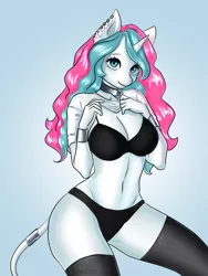 Size: 2976x3968 | Tagged: suggestive, artist:yutakira92, derpibooru import, oc, oc:diamond mind, unofficial characters only, anthro, unicorn, black underwear, bra, breasts, cleavage, clothes, curly mane, female, horn, shirt, socks, solo, stockings, teasing, thigh highs, underwear, undressing