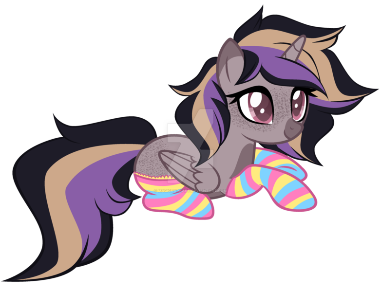 Size: 1280x982 | Tagged: safe, artist:magicdarkart, derpibooru import, oc, alicorn, pony, base used, clothes, deviantart watermark, female, mare, obtrusive watermark, prone, simple background, socks, solo, striped socks, transparent background, watermark