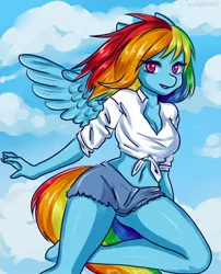 Size: 1034x1280 | Tagged: anthro, artist:yutakira92, belly button, breasts, cleavage, clothes, cloud, derpibooru import, female, fly, insect, looking at you, mare, midriff, pegasus, rainbow dash, safe, sexy, shorts, short shirt, sky, solo, stupid sexy rainbow dash, wings