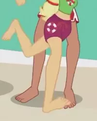 Size: 213x266 | Tagged: safe, derpibooru import, screencap, applejack, timber spruce, equestria girls, equestria girls series, turf war, clothes, cropped, feet, legs, lifeguard applejack, lifeguard timber, male, male feet, pictures of legs, shorts, spread toes, toes