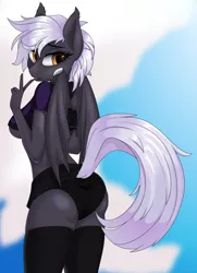 Size: 1196x1650 | Tagged: suggestive, artist:up1ter, derpibooru import, oc, oc:midnight story, anthro, bat pony, abstract background, ass, bat pony oc, bat wings, breasts, butt, clothes, commission, female, peace sign, solo, solo female, underboob, wings