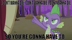 Size: 640x361 | Tagged: angry, caption, death threat, derpibooru import, dragon, dragon quest, edgy, edgy as fuck, edit, edited screencap, editor:undeadponysoldier, egg, garble, hollywood undead, i don't wanna die, image macro, implied death, lyrics, male, pointing, safe, screencap, song reference, spike, text, threat, tree