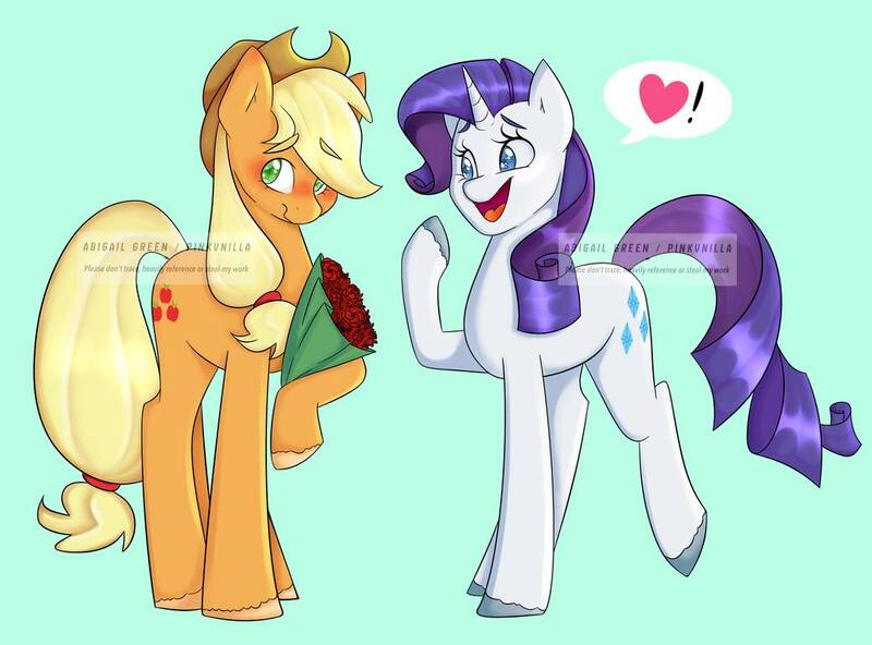 Size: 1039x769 | Tagged: safe, artist:ouelum, derpibooru import, applejack, rarity, pony, blushing, cute, female, flower, heart, lesbian, mare, rarijack, shipping