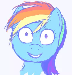 Size: 859x886 | Tagged: safe, artist:notawriteranon, derpibooru import, rainbow dash, pony, /mlp/, female, grin, insanity, looking at you, mare, messy mane, simple background, smiling, solo, wide eyes, yandere, yanderebow dash
