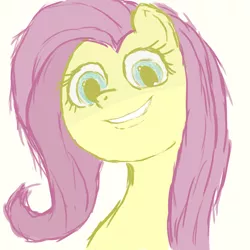 Size: 1000x1000 | Tagged: safe, artist:notawriteranon, derpibooru import, fluttershy, pony, /mlp/, female, grin, insanity, looking at you, mare, messy mane, simple background, smiling, solo, wide eyes, yandere, yandereshy