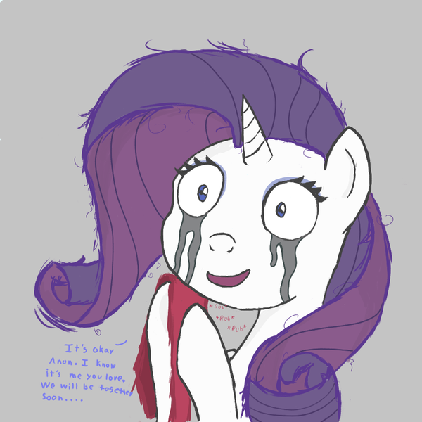 Size: 1000x1000 | Tagged: safe, artist:notawriteranon, derpibooru import, rarity, pony, unicorn, /mlp/, crying, dialogue, female, grin, insanity, makeup, mare, messy mane, necktie, running makeup, simple background, smiling, solo, wide eyes, yandere, yanderity