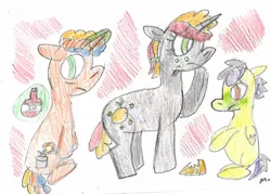 Size: 1313x941 | Tagged: safe, artist:ptitemouette, derpibooru import, oc, oc:apple zenith, oc:hurricane salsa, oc:secret garden, pony, unicorn, cousins, offspring, parent:oc:big shield, parent:oc:bow tie, parent:oc:bubble top, parent:oc:feather storm, parent:oc:pomme de pin, parent:oc:tutu, parents:oc x oc, traditional art