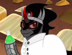 Size: 1300x1000 | Tagged: safe, derpibooru import, edit, edited screencap, editor:katya, screencap, king sombra, pony, umbrum, unicorn, the beginning of the end, beaker, clothes, evil lair, glasses, grogar's lair, holding, lair, mad scientist, male, pure unfiltered evil, solo, stallion, suit