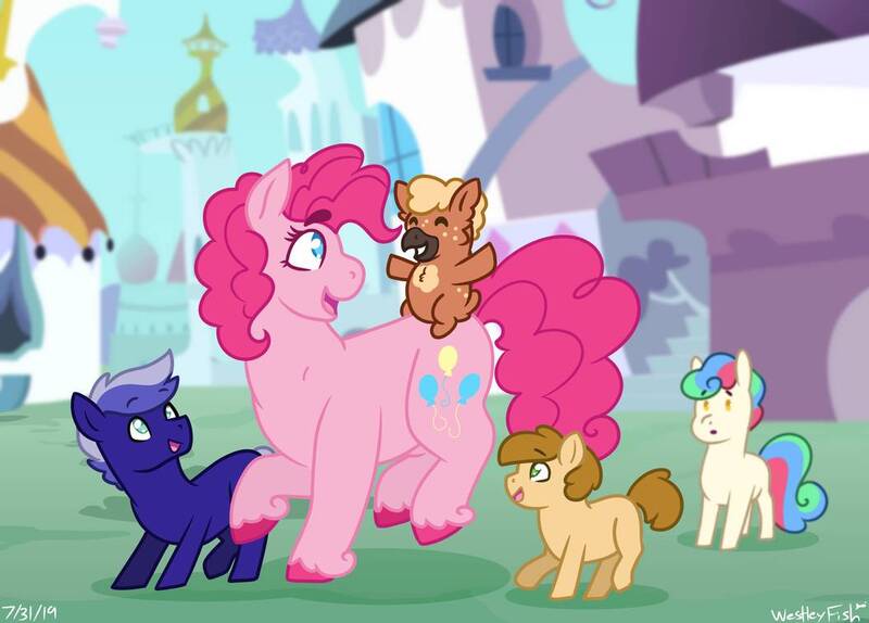 Size: 1055x757 | Tagged: safe, artist:quincydragon, derpibooru import, pinkie pie, oc, oc:caramel crunch, oc:gumball, hippogriff, hybrid, pony, colt, female, filly, interspecies offspring, magical lesbian spawn, male, offspring, older, parent:pinkie pie, parent:princess skystar, parents:skypie