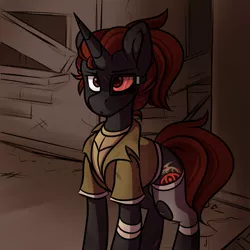 Size: 900x900 | Tagged: safe, artist:crimmharmony, derpibooru import, oc, oc:protege, unofficial characters only, pony, unicorn, fallout equestria, fallout equestria: murky number seven, bandage, bruised, clothes, fanfic art, jacket, male, scar, solo, stallion