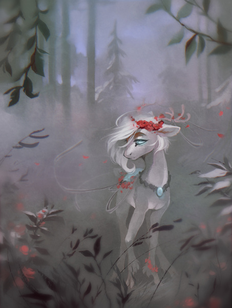 Size: 1620x2144 | Tagged: safe, artist:dearmary, derpibooru import, oc, deer, pony, deer oc, forest, snow, solo