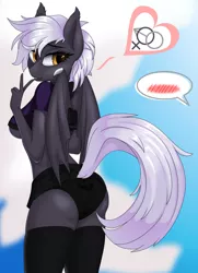 Size: 1196x1651 | Tagged: suggestive, alternate version, artist:up1ter, derpibooru import, oc, oc:midnight story, unofficial characters only, anthro, bat pony, abstract background, anthro oc, bat pony oc, bat wings, breasts, clothes, commission, female, mare, panties, peace sign, solo, solo female, underboob, underwear, wings