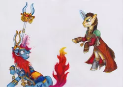 Size: 1024x723 | Tagged: safe, artist:salahir, derpibooru import, ponified, pony, unicorn, ahzek ahriman, clothes, coat, colored pencil drawing, crossover, duo, female, gregor eisenhorn, inquisitor, magic, magic aura, male, mare, prosthetic horn, prosthetics, purity seal, rearing, rule 63, staff, stallion, traditional art, warhammer (game), warhammer 40k