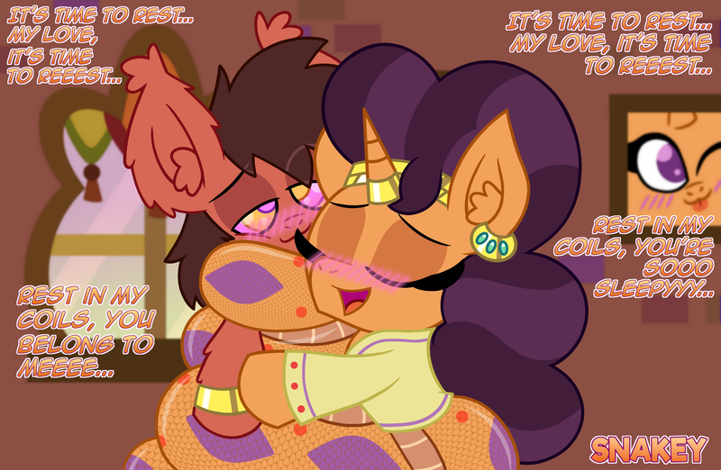 Size: 2300x1500 | Tagged: safe, artist:snakeythingy, derpibooru import, saffron masala, oc, oc:sketchy dupe, lamia, original species, snake, snake pony, blushing, canon x oc, coils, horn, horn ring, hypnosis, kaa eyes, ring, singing, sketchffron, story included