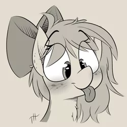 Size: 3000x3000 | Tagged: safe, artist:fakskis, derpibooru import, oc, unofficial characters only, pony, :p, blushing, bow, bust, chest fluff, ear freckles, eye clipping through hair, female, freckles, mlem, monochrome, silly, tongue out