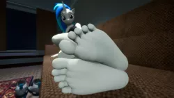 Size: 3840x2160 | Tagged: suggestive, artist:vibronbin13, derpibooru import, vinyl scratch, anthro, plantigrade anthro, unicorn, 3d, barefoot, bra, breasts, clothes, discarded clothing, feet, female, fetish, foot fetish, foot focus, mare, shoes, soles, solo, source filmmaker, toes, underwear
