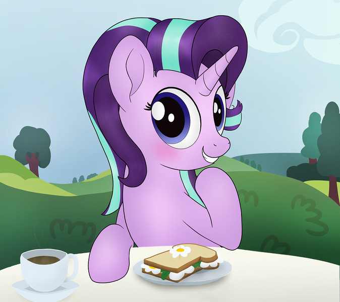 Size: 1000x890 | Tagged: safe, artist:noosa, derpibooru import, starlight glimmer, pony, unicorn, blushing, bush, cafe, cute, date, female, food, glimmerbetes, looking at you, mare, raised hoof, sandwich, sitting, smiling, solo, table, tea, tree