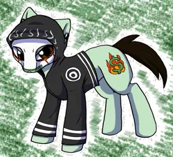 Size: 761x694 | Tagged: safe, artist:akie-tara, derpibooru import, oc, ponified, unofficial characters only, earth pony, pony, clothes, hollywood undead, hoodie, j-dog, looking at you, male, mask, raised hoof, rapper, solo, stallion