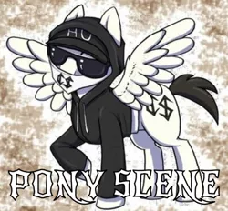 Size: 638x592 | Tagged: safe, artist:akie-tara, derpibooru import, edit, editor:undeadponysoldier, oc, ponified, unofficial characters only, pegasus, pony, bandana, charlie scene, clothes, hat, hollywood undead, hoodie, male, raised hoof, rapper, solo, spread wings, stallion, wings