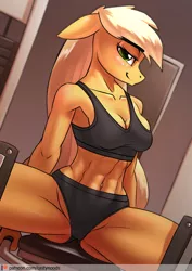 Size: 848x1200 | Tagged: suggestive, artist:chrysalisdraws, derpibooru import, applejack, anthro, earth pony, abs, applejacked, armpits, bedroom eyes, belly button, body freckles, breasts, busty applejack, chest freckles, cleavage, clothes, exercise machine, explicit source, female, freckles, gym, looking at you, mare, muscles, muscular female, patreon, shorts, smiling, solo, solo female, sports bra, sports panties, sports shorts, spreading, spread legs