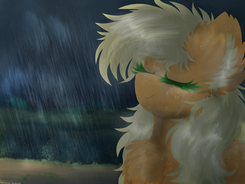 Size: 1084x814 | Tagged: safe, artist:vanillaswirl6, derpibooru import, applejack, earth pony, pony, bust, cheek fluff, chest fluff, ear fluff, eyes closed, female, fluffy, freckles, mare, rain, redraw, smiling, solo, wet, wet mane