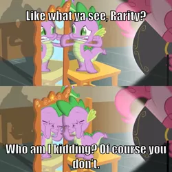 Size: 710x710 | Tagged: safe, derpibooru import, edit, edited screencap, screencap, pinkie pie, spike, dragon, pony, party of one, ashamed, embarrassed, female, funny, interrogation, looking good spike, male, mare, meme, mirror, nervous, poor spike, spotlight