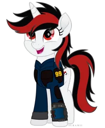 Size: 812x984 | Tagged: safe, artist:sgtsanttu, artist:sirhcx, artist:suramii, derpibooru import, oc, oc:blackjack, unofficial characters only, pony, unicorn, fallout equestria, fallout equestria: project horizons, fanfic, my little pony: the movie, clothes, fanfic art, female, hooves, horn, mare, movie accurate, open mouth, pipbuck, security armor, simple background, solo, transparent background, vault security armor, vault suit