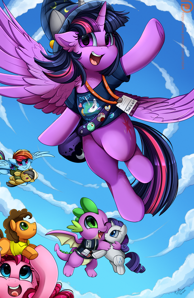 Size: 2550x3909 | Tagged: safe, artist:pridark, derpibooru import, cheese sandwich, pinkie pie, rainbow dash, rarity, spike, twilight sparkle, twilight sparkle (alicorn), alicorn, dragon, earth pony, pegasus, pony, bronycon, bronycon 2019, badge, bag, clothes, cloud, cloudy, con badge, cute, female, flying, happy, hat, looking at you, male, meme, one eye closed, open mouth, patreon, patreon logo, plushie, shirt, signature, sky, smiling, spread wings, winged spike, wings, wizard hat