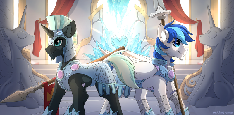 Size: 2430x1200 | Tagged: safe, artist:redchetgreen, derpibooru import, oc, oc:rainy, oc:valorheart, pegasus, pony, unicorn, armor, crystal empire, crystal guard, crystal guard armor, crystal heart, duo, guarding, male, signature, spear, stallion, statue, weapon