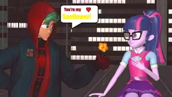 Size: 2560x1440 | Tagged: safe, artist:wolfthepredator, derpibooru import, sci-twi, timber spruce, twilight sparkle, equestria girls, female, flower, male, miles morales, shipping, speech bubble, spider-man, spider-man: into the spider-verse, straight, sunflower, timbertwi