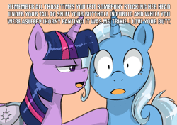 Size: 936x659 | Tagged: suggestive, artist:crystal-secret, derpibooru import, edit, trixie, twilight sparkle, pony, butt sniffing, dialogue, female, lesbian, shipping, twixie, wide eyes